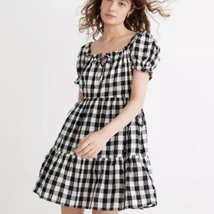 Madewell Square-Neck Tiered Mini Dress in Gingham Seersucker